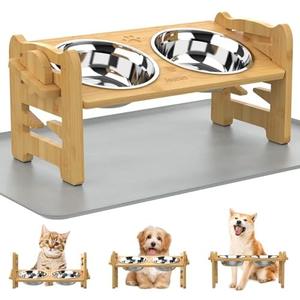 Jovrun Elevated Dog Bowls, Adjustable Raised Dog Bowl Stand for Small Size Dogs and Cats, Durable Bamboo Dogs Feeder with 2 Stainless Steel Bowls and Non-Slip Feet, Pet Food Bowl with Mat