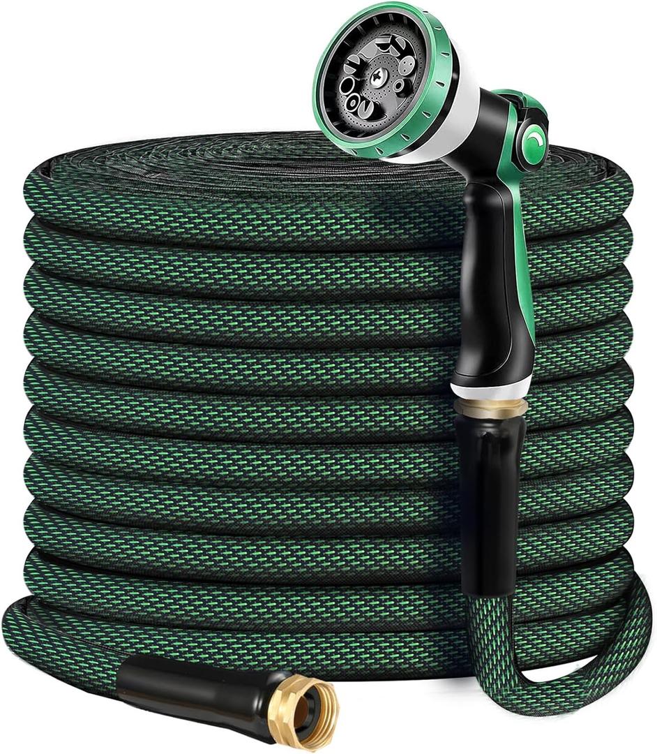 Non-Expandable Garden Hose 100feet, Felxible Water Hose with 10 Function Hose Nozzle, Lightweight, Tangle Free, Rust Proof for Yard - 2025 Model(Blue or Green)