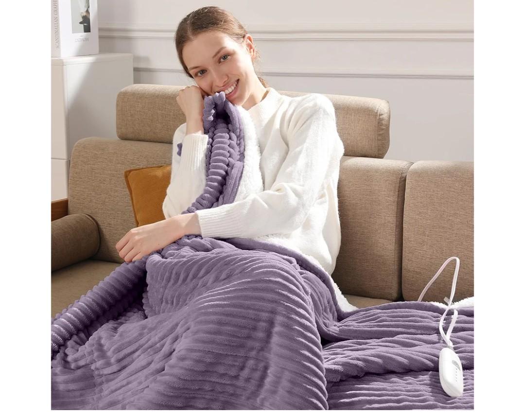 Heated Blanket Electric Throw 50"x60" Heating Blanket 450gsm Ribbed Flannel Sherpa Ultra-soft with 5 Heating Levels and 4 Hour Auto Off, ETL & FCC Certified Electric Blanket, Great Winter Gift, Purple