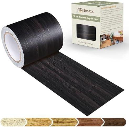 Besezx Wood Grain Repair Tape, 2.4" X15', Self Adhesive Wood Grain Repair Patch for Tables, Chairs, DIY,Baseboards, Doors, Windows, Floors and Furniture Renovation.（Black Brown）