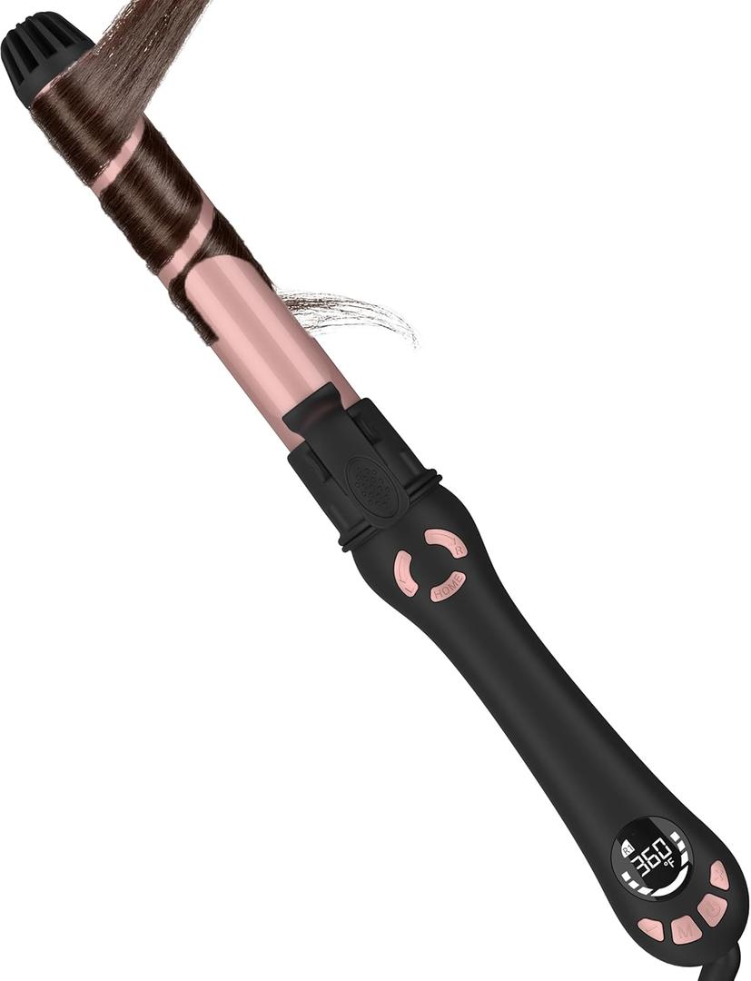 New Version Lanvier Rotating Curling Iron 1.25 Inch Automatic Curling Wand for Waves; Tourmaline Ceramic Self Curler with 2 Rotating Speed, 11 Adjustable Temperature & Dual Voltage for Worldwide Use (Rose Gold)