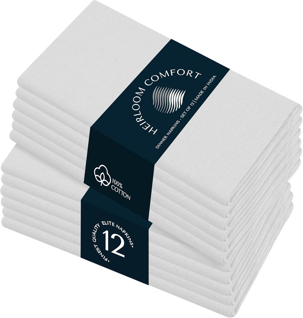 White Cloth Dinner Napkins 17x17 Inch - 100% Cotton, Absorbent, Soft, Washable - 12 Pack - Hotel Quality Table Napkin for Dinner, Baby Showers, Weddings, Christmas, Spring, Easter