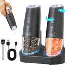 Ringco Gravity Electric Salt and Pepper Grinder Set with Charging Base, Automatic Gravity Salt and Pepper Mill with Adjustable Coarseness, LED Light, 135ml Large Capacity, Gifts for Women (Black)