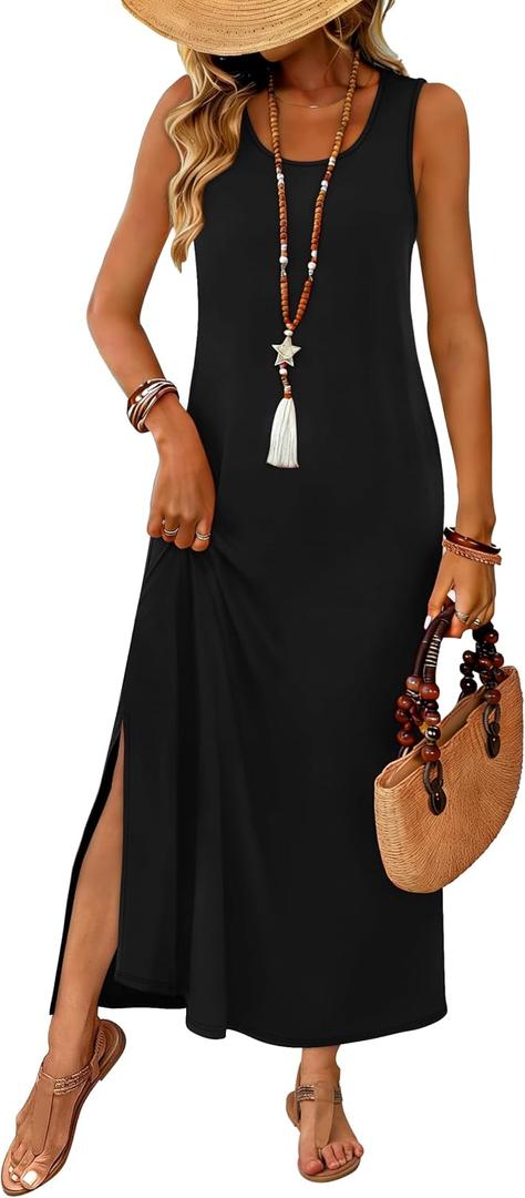 WIHOLL Maxi Dress Summer Dresses 2026 Beach Vacation Clothes Sleeveless Sundresses with Pockets Boho, Small