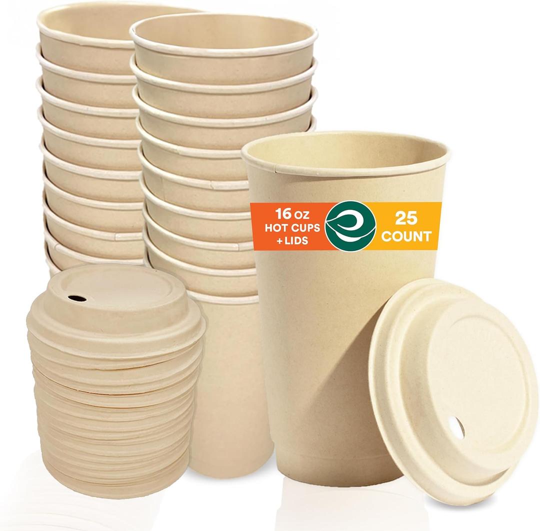 ECO SOUL 100% Compostable Plant-Based (PFAS-Free) 16oz Hot Cups with Compostable Lids | (25 Count, 16 oz Hot Cups) | Disposable Bagasse Paper Cups | Eco-friendly Cups | Sturdy, Microwave & Oven Safe