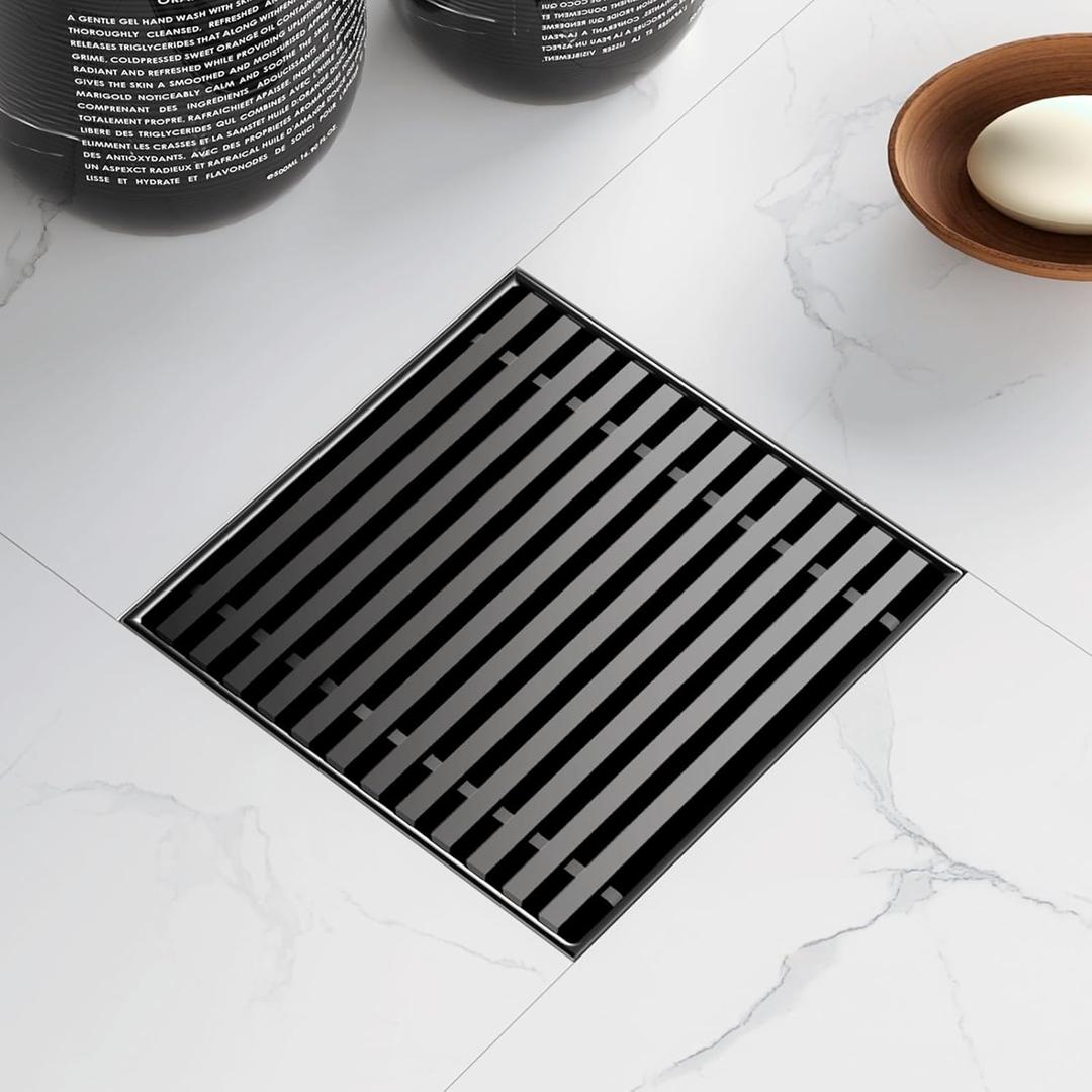 Sharpeye 4 Inch Square Shower Drain with Removable Wedge Wire Pattern Grate, Matte Black 304 Stainless Steel Square Shower Floor Drain for Bathroom, CUPC Certified, with Hair Strainer