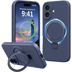 for iPhone 16 Case Stand, Slim Comfortable Liquid Silicone Phone Cases Compatible with MagSafe Magnetic Ring Kickstand Stand Case Full Camera Protection Fit for iPhone 16 6.1", Dark Blue