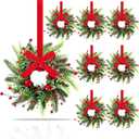 8 Pcs Mini Christmas Kitchen Cabinet Wreaths with Ribbon 9 Inch Mini Christmas Wreath with Red Balls Front Door Candle Rings Wreaths Xmas Fireplaces Table Centerpiece Indoor Outdoor Decorations