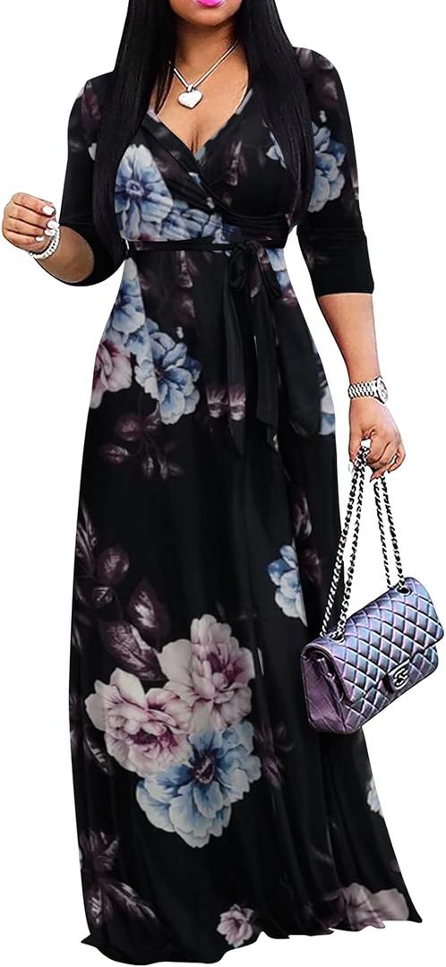 Yajedo Womens Casual Summer Maxi Dress Plus Size Sexy Wrap V Neck 3/4 Sleeve Sundress with Pockets (Black, XL)