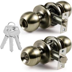 Blulu 1 Pack Interior Privacy Door Knobs with Lock and Key Retro Antique Brass Ball Keyed Door Lock for Privacy Bedroom Bathroom