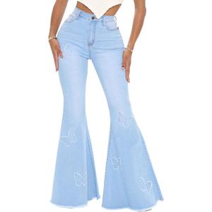 Women's Butterfly Bell Bottom Jeans Elastic High Waisted Embroidered Classic Flareed Jeans Raw Hem Denim Pants with Pocket (Large, Light Blue)