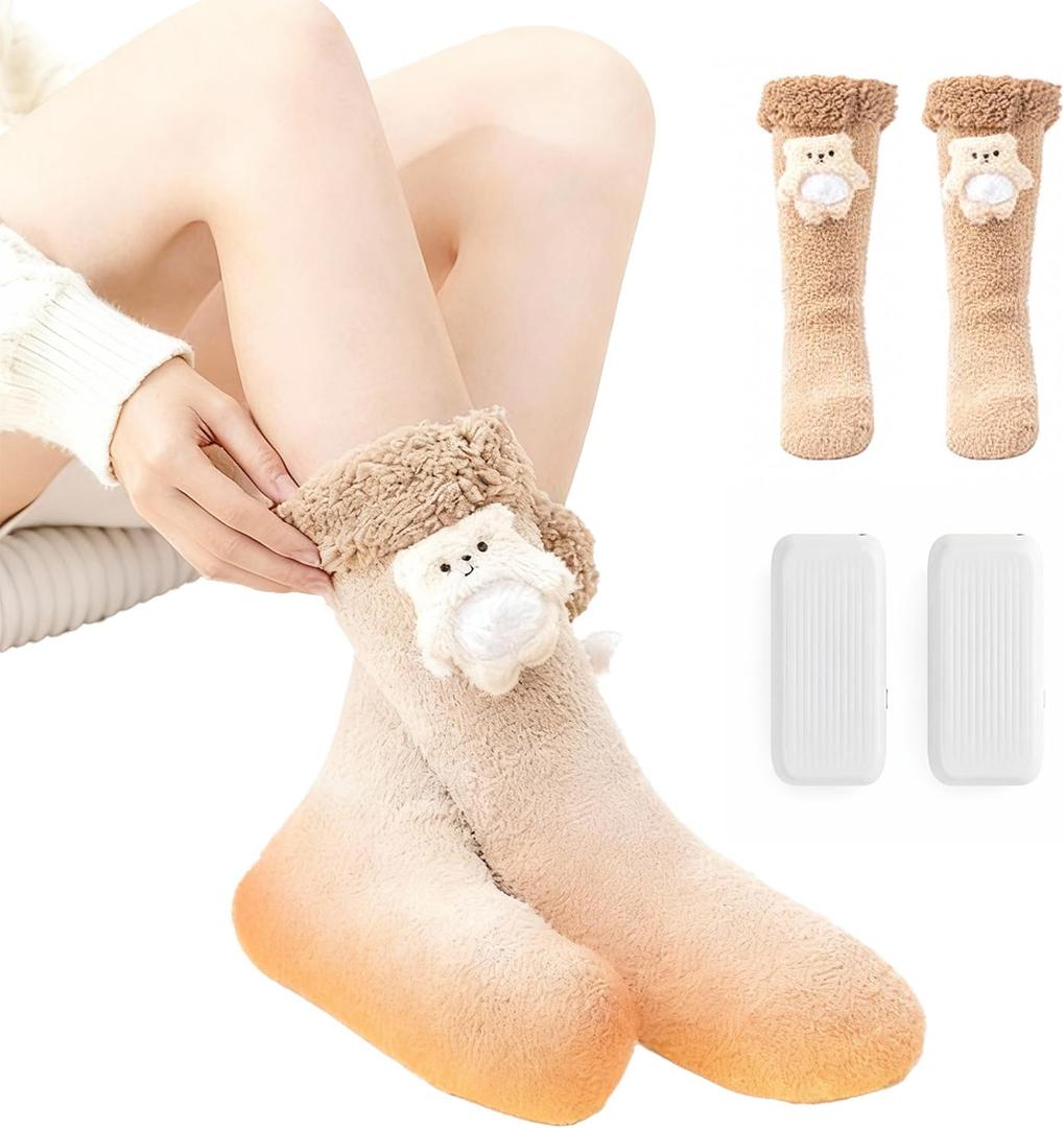 Electric Heating Socks for Kids and Women, Upgraded Battery Cute Socks, 3 Heating Levels & 3D Heat Around Foot, Perfect Winter Fuzzy Warmth