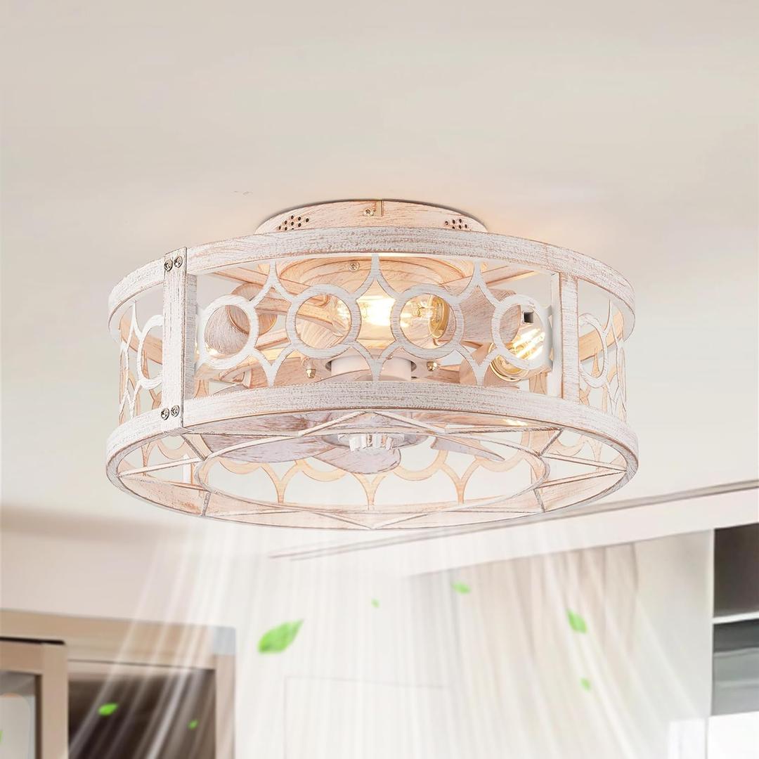 LEDIARY Caged Ceiling Fan with Light and Remote, 16in Small Low Profile Ceiling Fans with Lights, 6 Speed and Reversible Farmhouse Flush Mount Ceiling Fan for Bedroom, Kitchen, Living room