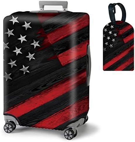 Wood Grain Flag Suitcase Cover Elastic Protective Dustproof Washable Travel Luggage Covers for Suitcase With Cute Baggage Tag (XL, Fit 29-32 Inch Luggage)