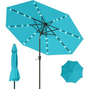 9FT Patio Umbrella with Solar Lights,Outdoor Market Umbrella with Tilt and Crank, LED Lighted Table Umbrella for Garden,Deck,Backyard,Pool,Beach (Light Blue)
