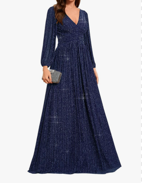 Ever-Pretty Women's A-Line Long Lantern Sleeves Formal Gowns Empire Waist Long Glitter Evening Dress Size 16