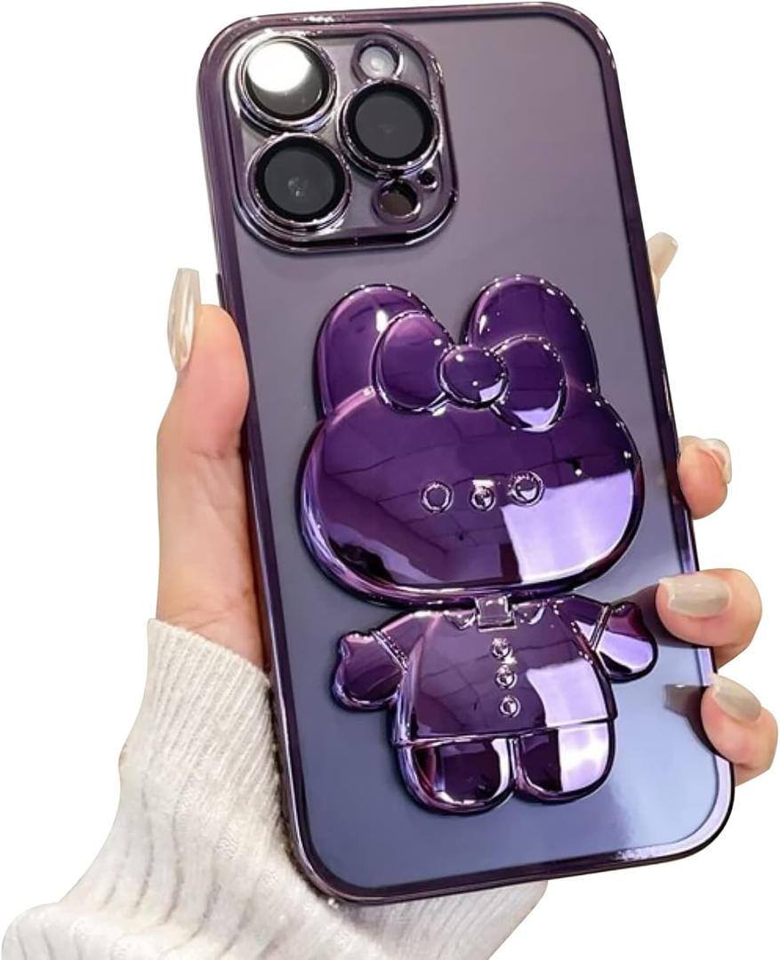Cute Bunny Hidden Stand Compatible with iPhone 13 Case, Clear Soft TPU Bumper Shockproof 3D Mirror Rabbit Bracket Phone Case with Camera Protection for Women, Girl - Purple