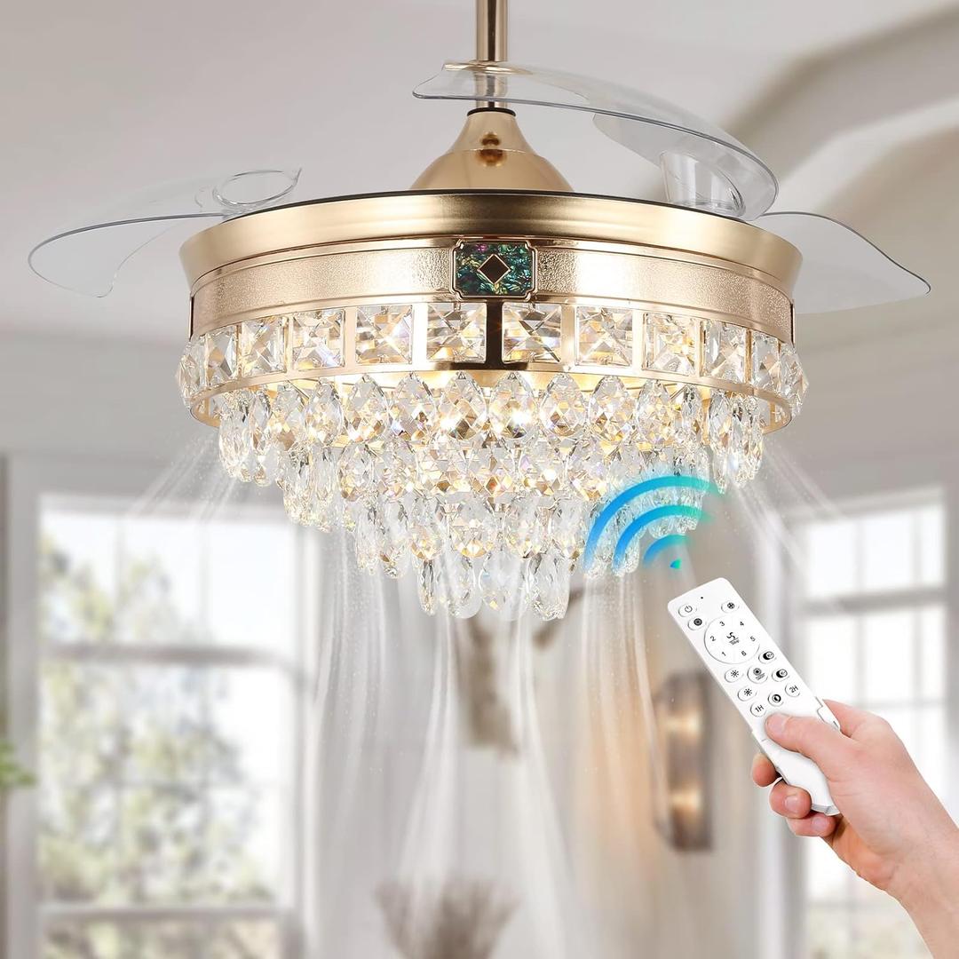 42" Modern Crystal Chandelier Ceiling Fan with Lights Gold Dimmable Fandeliers LED Invisible Fandelier Crystal Chandelier Fan 3 in 1 Color with Memory Function