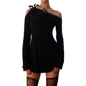 HYPERFIRE Women's Shoulder Tie Long Sleeve Asymmetrical Dress Boat Neck Cocktail Mini Dresses (Medium, Black)