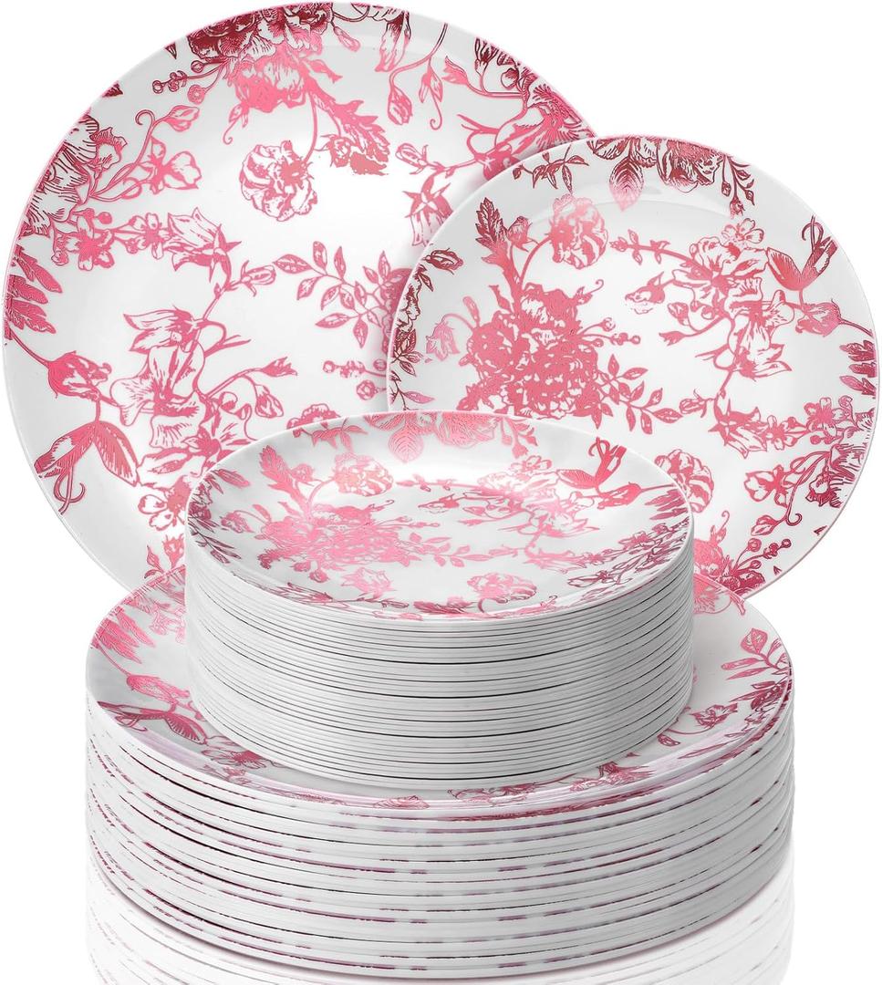 Suclain 60 Pcs Pink Plastic Floral Plates Disposable Heavy Duty White with Pink Floral 9" Dinner Plate and 7" Dessert Plate, Disposable Plastic Plates for Party Birthday Bridal Shower