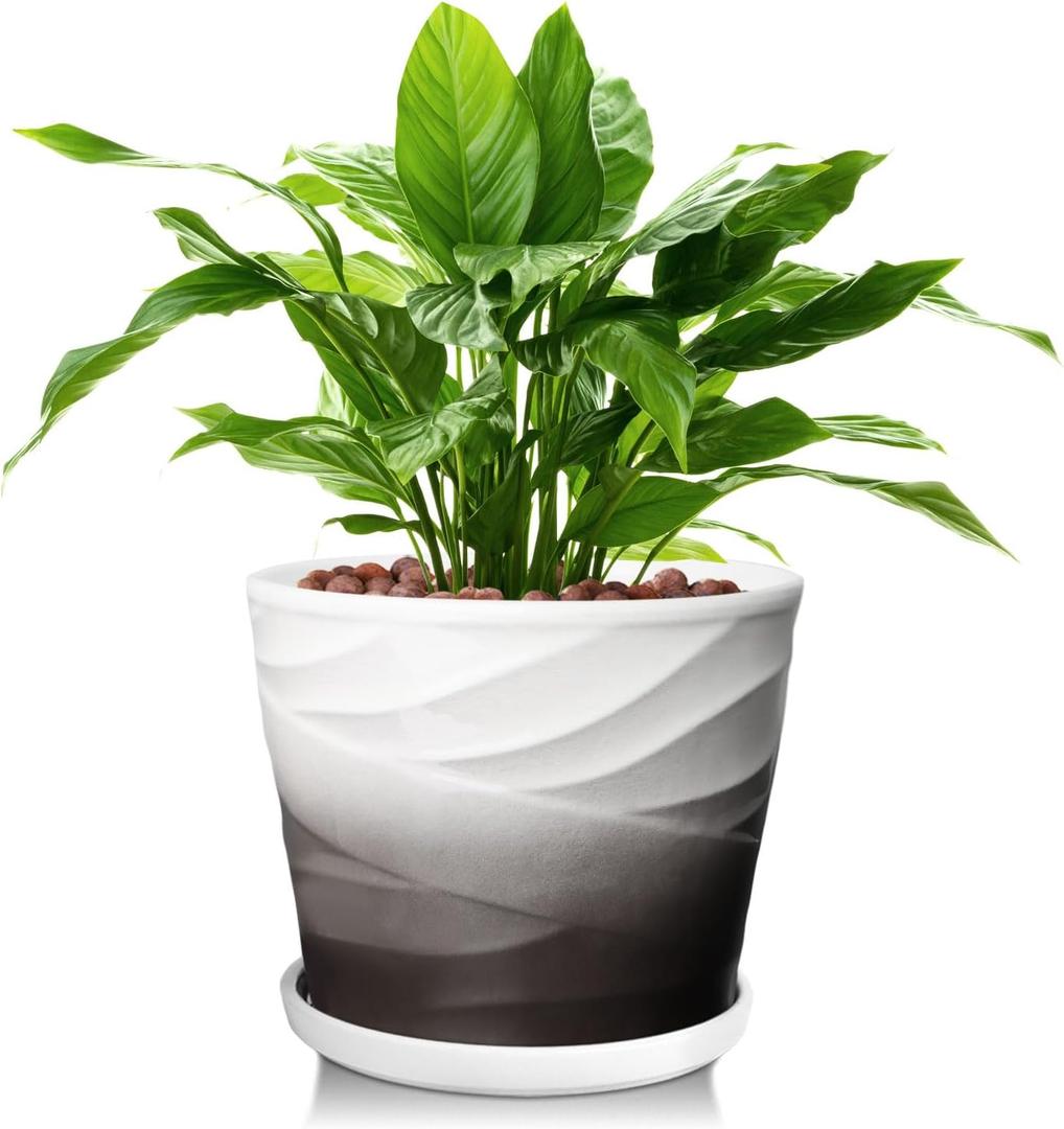 8 Inch Plant Pot, Ceramic Planter, Plant Pot with Drainage Hole and Saucer, Large Outdoor Flower Pots, Indoor Modern Elegant Decorative Planter(Dark Gray+White)