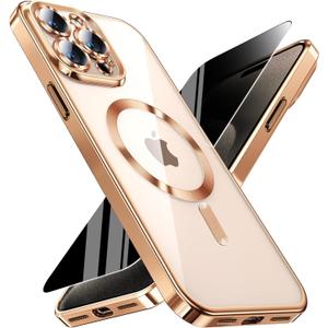 Magnetic for iPhone 15 Pro Max Case with Privacy Screen Protector & Full Camera Cover,[Non-Yellowing] Plating Glossy Soft Shockproof Clear Phone Case with MagSafe Women Girls for 15 ProMax,Gold