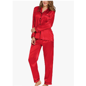 SWOMOG Womens Silk Satin Pajamas Set Long Sleeve Button Down Sleepwear 2 Piece Lounge Set Pj Set, Medium