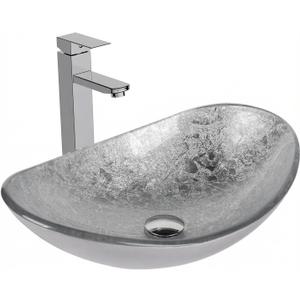 Bathroom Boat Shape Artistic Glass Vessel Sink Free Chrome Faucet and Pop-up Drain Set, Silver