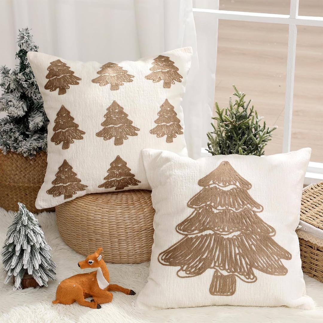 Tufted Cream Christmas Tree Pillow Covers Set of 2, 18x18 Inch Neutral Winter Throw Cushion Cases for Cozy Farmhouse Holiday Home Decor
