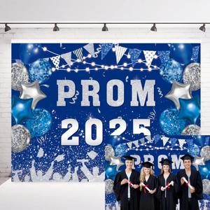 INRUI Prom 2025 Photography Background Blue and Silvery 2025 Prom Night Banner Glitter Balloons Flags Graduation Party Decorations Backdrop (7x5FT)