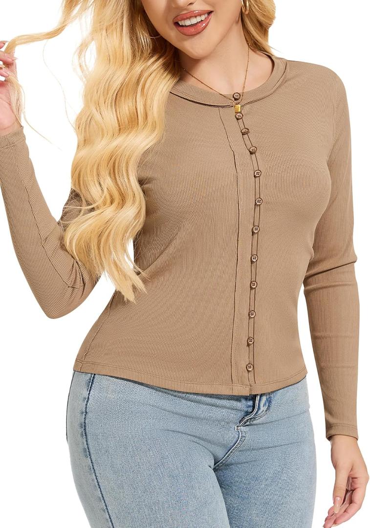 LOZ Womens Long Sleeve Button Down Shirts Slim Fit Crew Neck Tops Cute Ribbed Knit Casual Blouses Fashion Outfits,