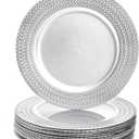 SOUJOY 12 Pack Silver Charger Plates, 13 Inch Plastic Dinner Plate, Leaf Trim Antique Charger Plate for Weddings, Parties, Anniversary, Thanksgiving, Christmas