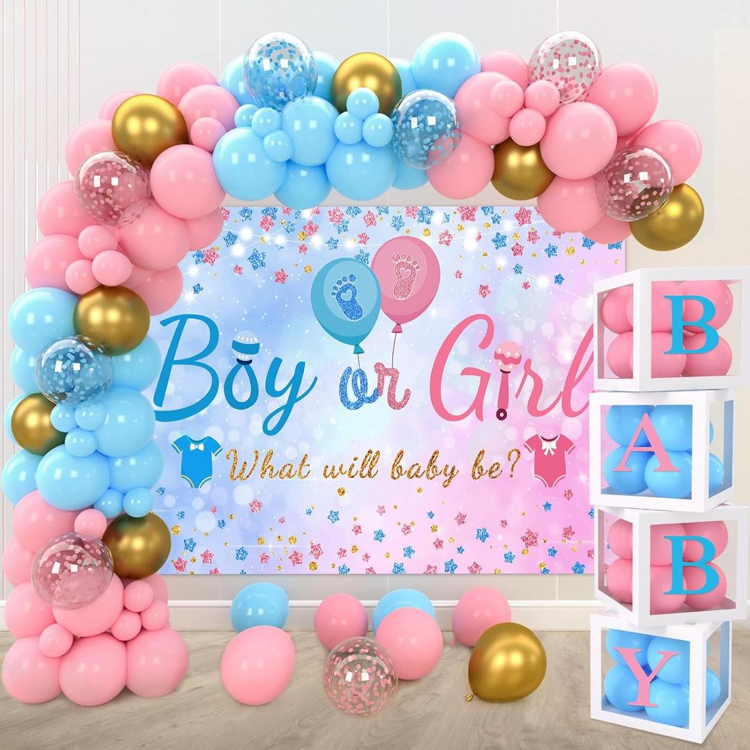 Gender Reveal Baby Balloon Boxes Decorations, Pink Blue Balloon Arch Garland Kits With 4pcs Boxes, Gender Reveal Backdrop for Baby Shower,Boy or Girl gender Reveal Party Supplies(141pcs)