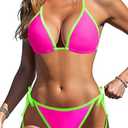 Tempt Me Women Triangle Bikini Sets String Two Piece Halter Swimsuits with 10.04" Rise Tie Side Bottom, Pink Neon Green, XL