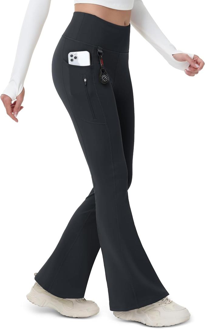 MAGCOMSEN Women's Fleece Lined Flare Leggings Waterproof Insulated Winter Pants Warm Snow Yoga Hiking Bootcut 3 Pcokets (Black, S)