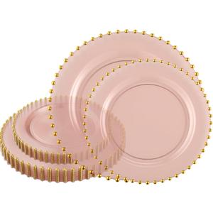 PLASTICPRO 32 Piece Combo Plastic Dinner Plates Disposable Plastic Fancy Heavy Duty Party Dishes 7 inch and 10 inch, Translucent Rose and Gold Beaded