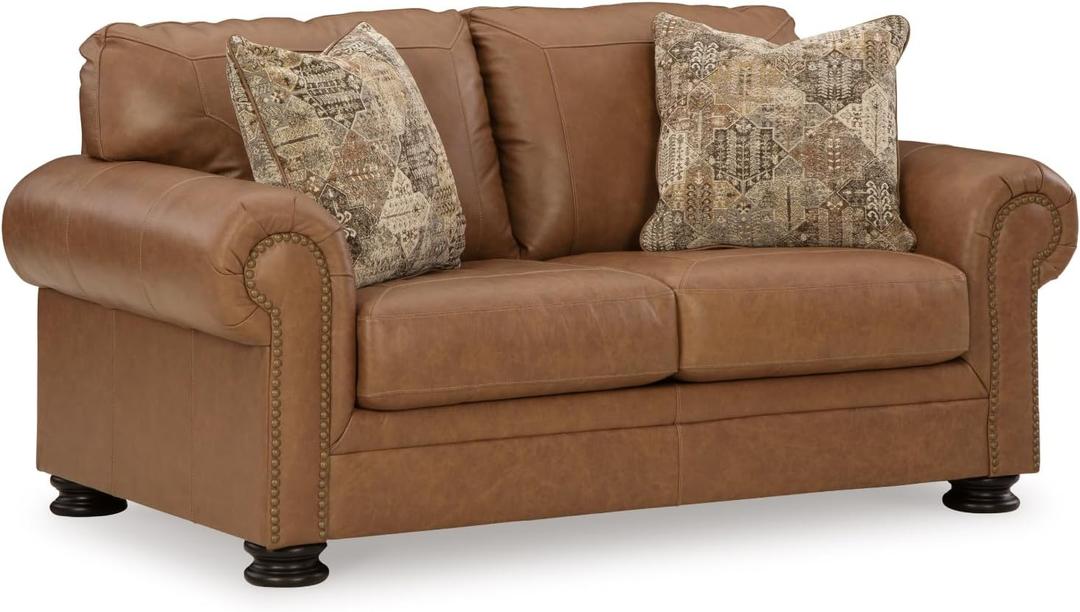 Signature Design by Ashley Carianna Classic Leather Match Loveseat with Nailhead Trim, Dark Brown, 74"W x 40"D x 40"H