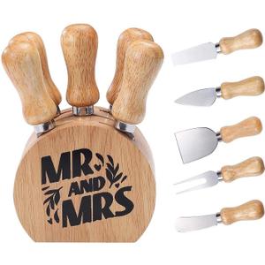 2 x Cheese Knife Set with Wooden Holder,Cheese Spreader Knives Set of 5 for Charcuterie Board,Charcuterie Boards Accessories Charcuterie Utensils Tools Git Box (Mr Mrs)
