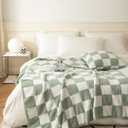 Ultra-Soft Buffalo Checkerboard Grid Fluffy Microfiber Knitted Throw Blanket Super Cozy Lightweight Checkered Bed Blanket for Sofa Couch Bed Matcha 51"X63"