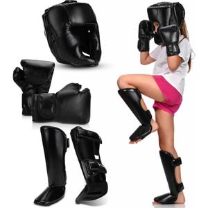 Arrowbash 5 Pcs Boxing Guards Set for Kids with Sparring Headgear, 6oz Boxing Gloves and Leg Shin Guards Wrestling Headgear for Youths Teens Boys Girls Kickboxing Karate Muay Thai BJJ Training Black
