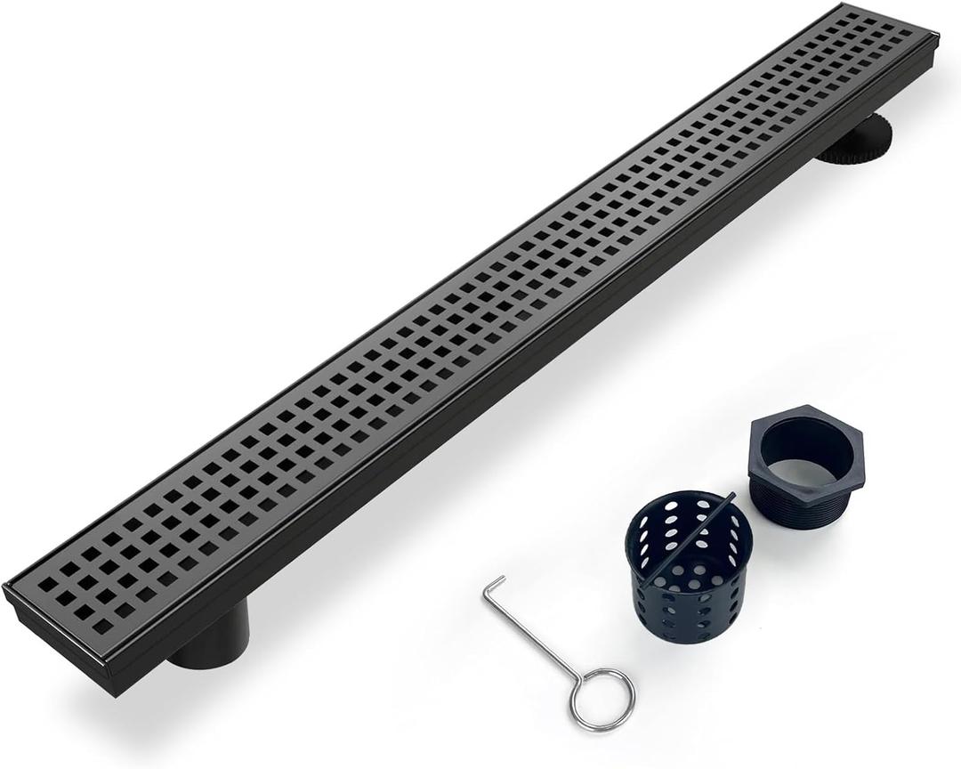 Offset Linear Shower Drain, Matte Black Shower Drain 60 inch with Removable Grate Cover, Brushed 304 Stainless Steel Side Outlet Black Shower Floor Drain with Hair Catcher and Leveling Feet