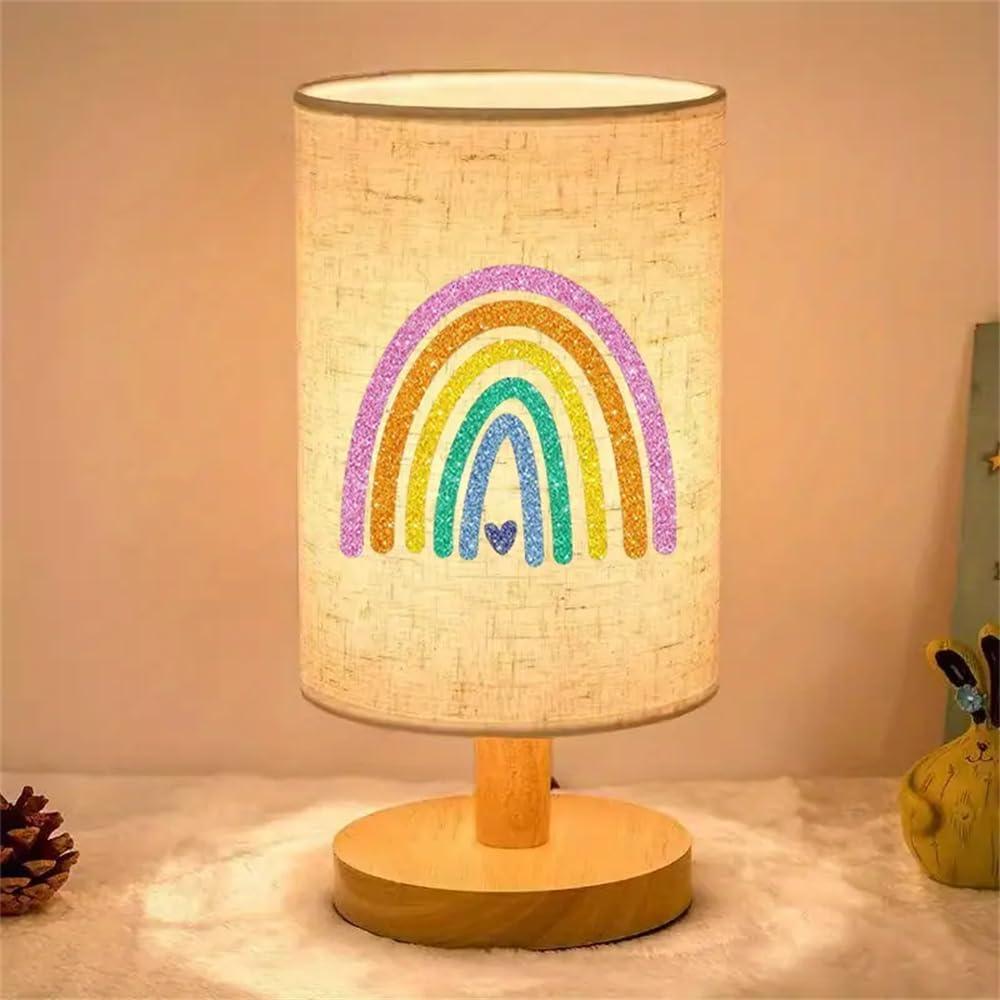 Rainbow Print Atmosphere Bedside Lamp LED Table Light with Fabric Linen Shade Colorful Desk Lamp for Kids Room, Living Room, College Dorm, Home, Office