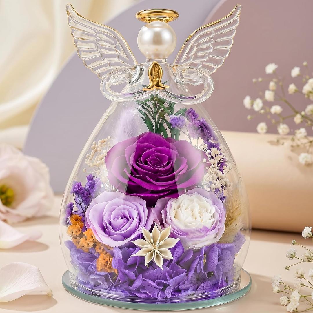 Preserved Rose in Glass Angel Figurine, for Mom/Wife/Grandma, Forever Flowers Rose Anniversary, Graduation or Birthday Gifts for Women Her