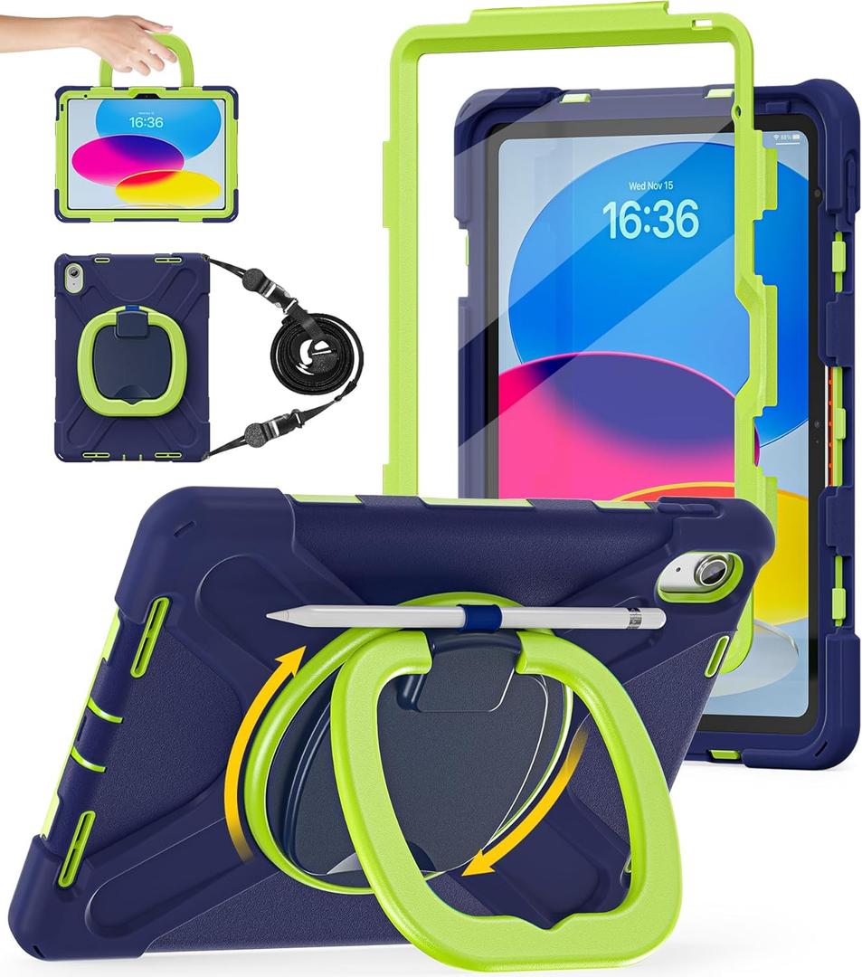 BATYUE Case for iPad (A16) 11th/10th Gen 11''/10.9'' 2025/2022 - Heavy Duty Shockproof Cover with 360 Rotating & 180 Folding Stand, Screen Protector, Shoulder Strap & Pencil Holder | NavyLime