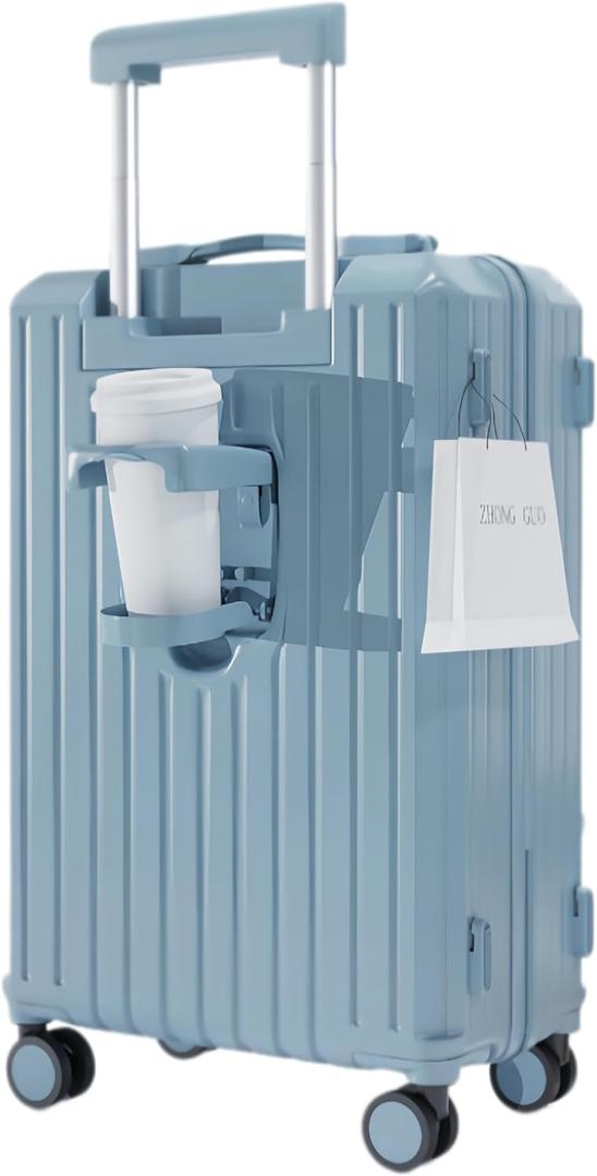 20" Lake Blue Carry-On Luggage, Cup Holder & USB, Hard Shell