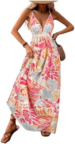 MakeMeChic Women's Summer Blue and White Floral Dress Boho Backless Maxi Sundress Spaghetti Strap Flowy Dress S