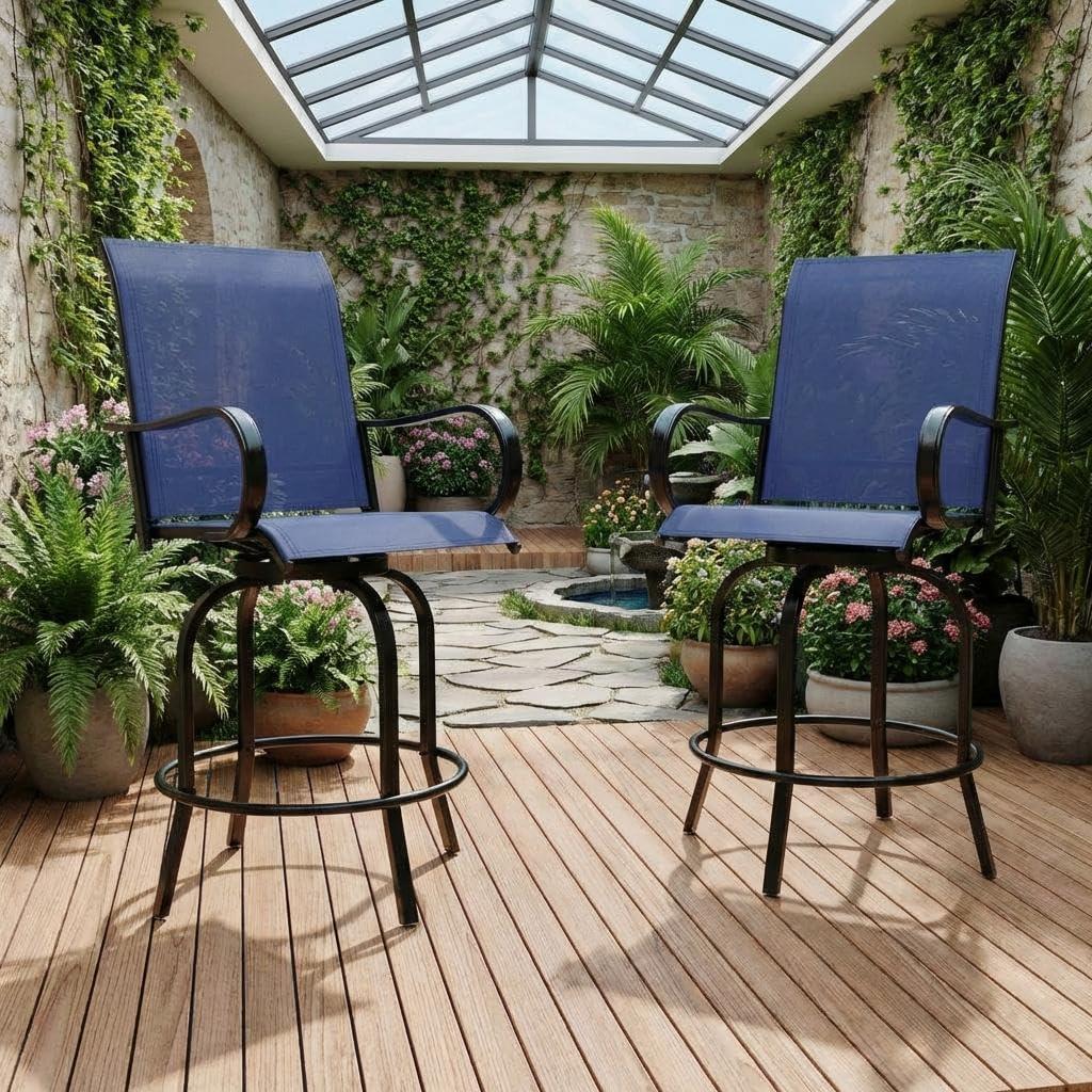 Patio Swivel Bar Stools Set of 2, Outdoor Chairs with High Back and Armrest, All Weather Bar Set for Beach, Lawn, Poolside and Garden