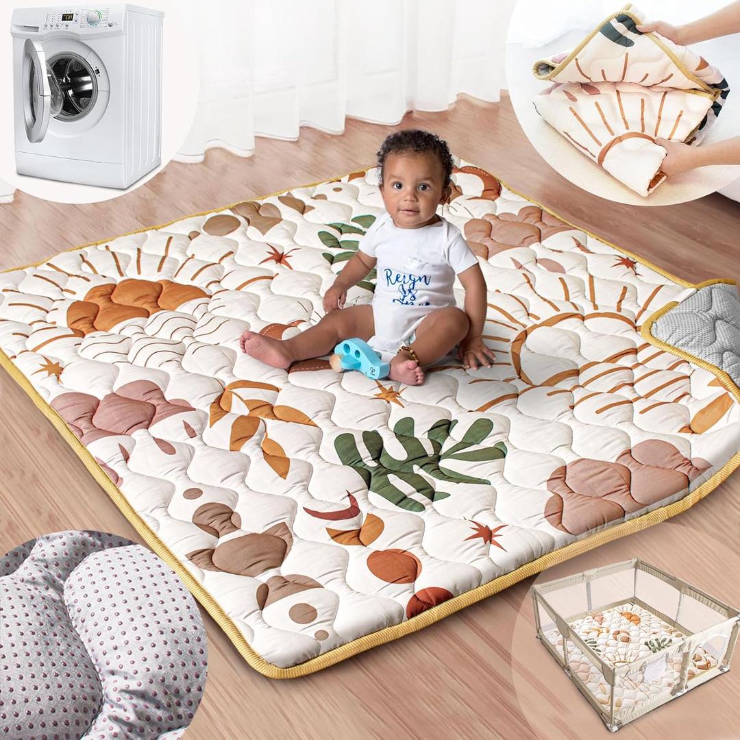 Baby Play Mat, 50x50 Playpen Mat with Super Soft Touch, Activity Mat with Upgraded Anti-Slip Bottom, Machine Washable Crawling Mat for Floor & Picnic(Boho Nature)