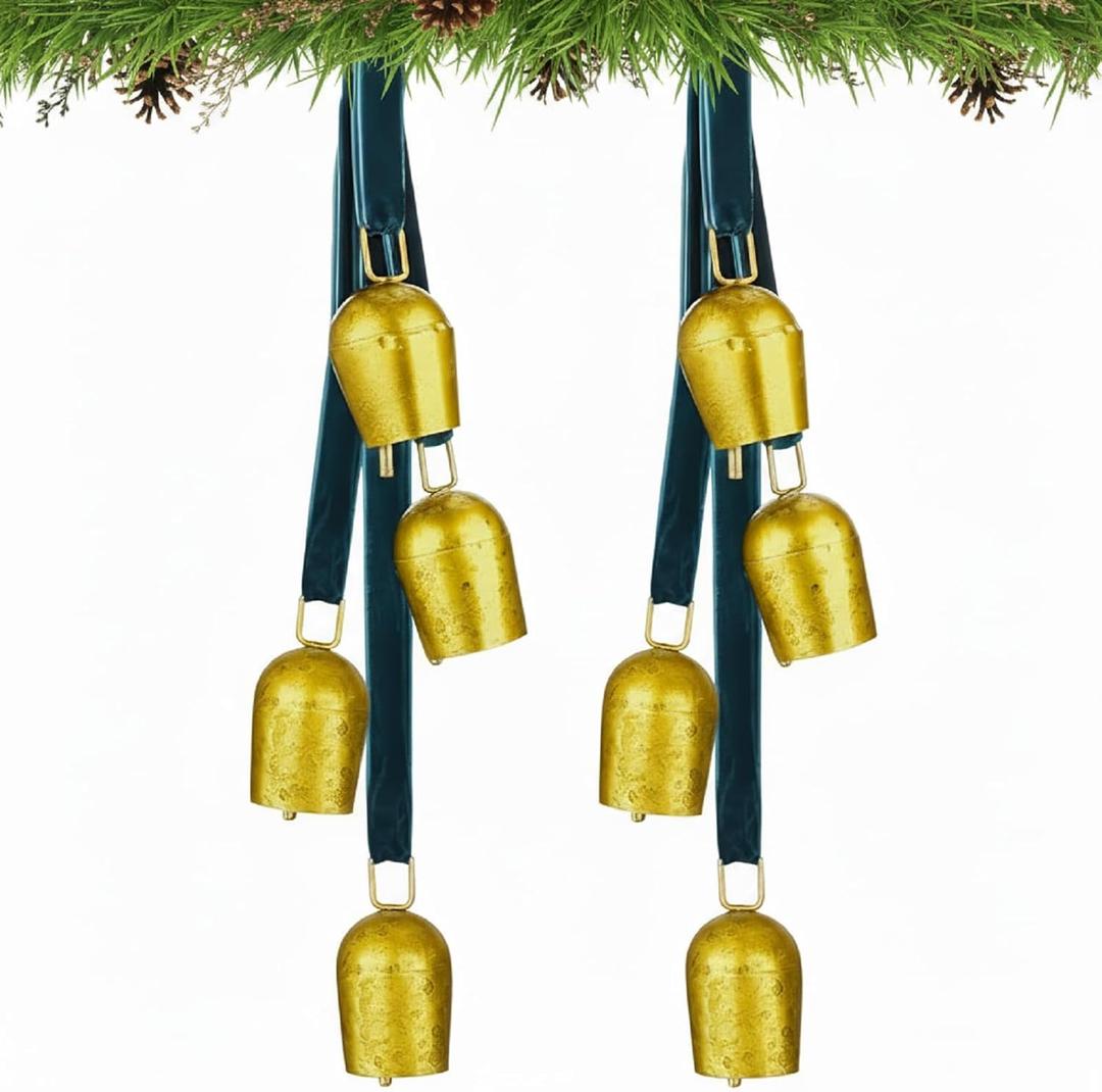 Otoolling 2 Pcs Christmas Cow Bells Gifts with Velvet Rope Gold Metal Brass Bells Christmas Tree Hanging Decorations for Wreaths Fireplace Door Window Garland Party