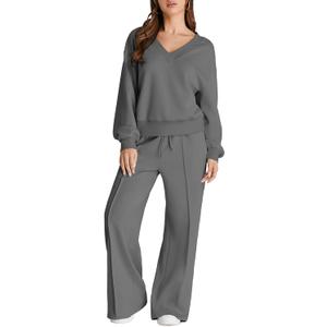 Herseas Women's 2 Piece Outfits Pajama Set Long Sleeve Top Wide Leg Pants Airport Teacher Vacation Loungewear Sweat Lounge Matching Set Dark Grey Large